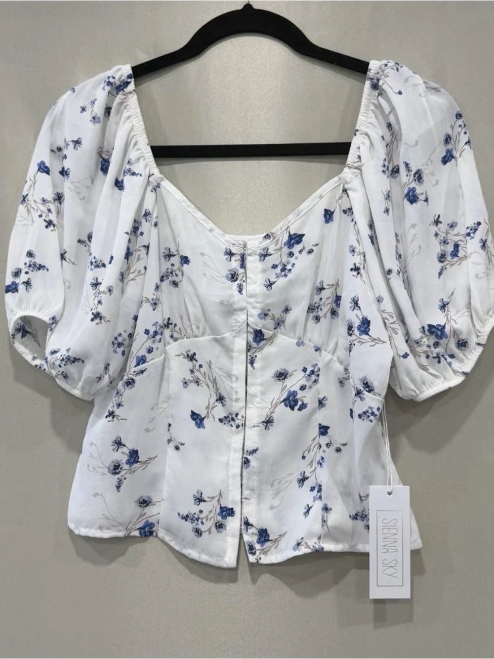 Sienna Sky White Top with Blue Floral Puff Sleeves - Picture 1 of 7